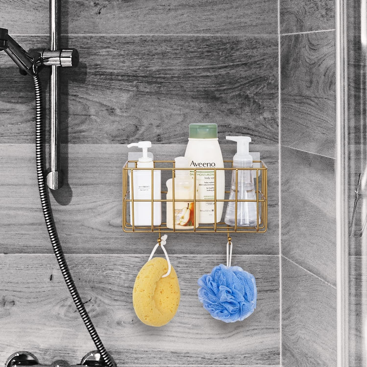 Antique Brass Tone Metal Wire Bathroom Shower Caddy Wall Mounted Storage Rack Shelf Baskets-MyGift