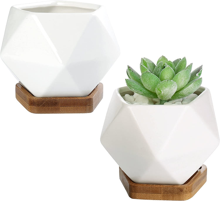 Set of 2, Modern Geometric White Ceramic Mini Succulent Planter Pots with Removable Bamboo Saucer-MyGift