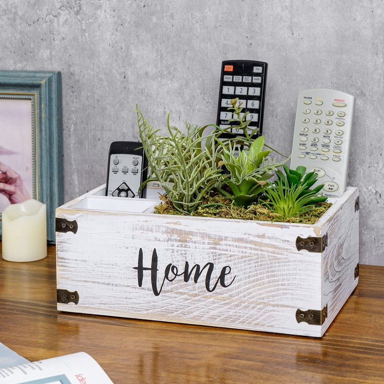Whitewashed Wood Remote Control Caddy with Artificial Succulent Planter, Black Metal Accents, Cursive "Home" Lettering-MyGift