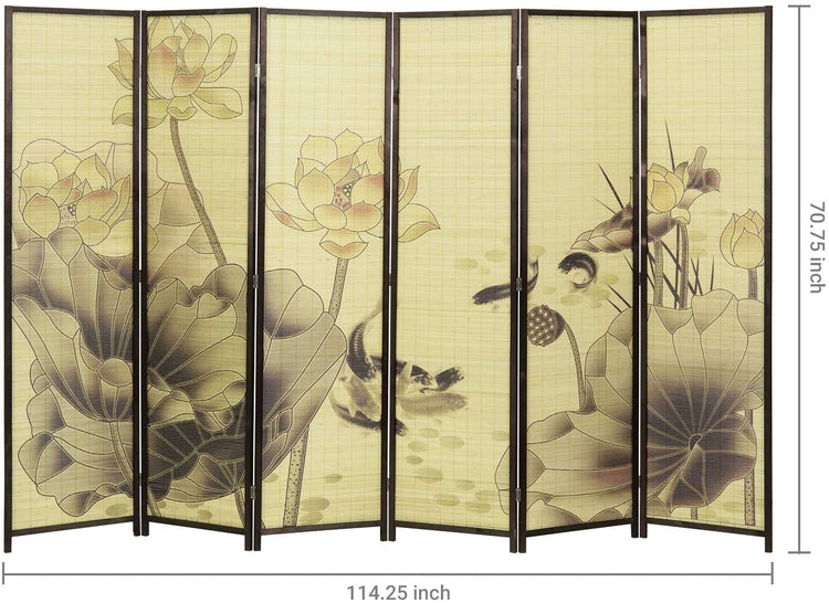 6-Panel Room Divider Wood Frame Lotus Flower Asian Style Woven Bamboo Room Divider Screen-MyGift