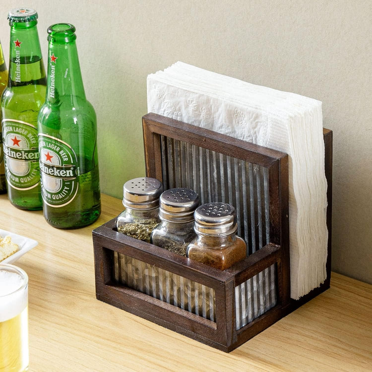 Farmhouse Brown Napkin Holder Spice Rack Combo Set, Napkin Rack with 3 Shakers for Salt Pepper Seasonings-MyGift