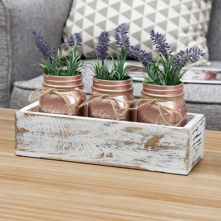Brass Glass, 4-Piece Set Mason Jars with Rustic String in Whitewashed Torched Wood Box Tray-MyGift