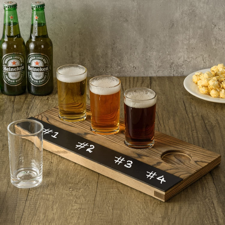 Beer Flight Board Set Includes 4 Tasting Beer Glasses, Burnt Wood Serving Tray with Chalkboard Panel-MyGift