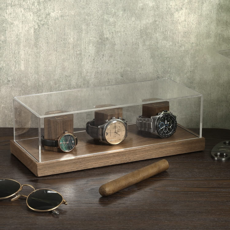 Wristwatch Display Case, Walnut Wood Tabletop Watch Storage with Wooden Pedestal Risers and Clear Acrylic Lid-MyGift