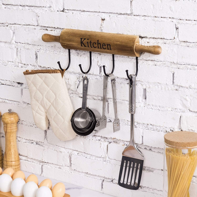 4-Hook Burnt Brown Wood Wall Mounted Rolling Pin Design Kitchen Storage for Cooking Utensils, Mugs and Hand Towels-MyGift