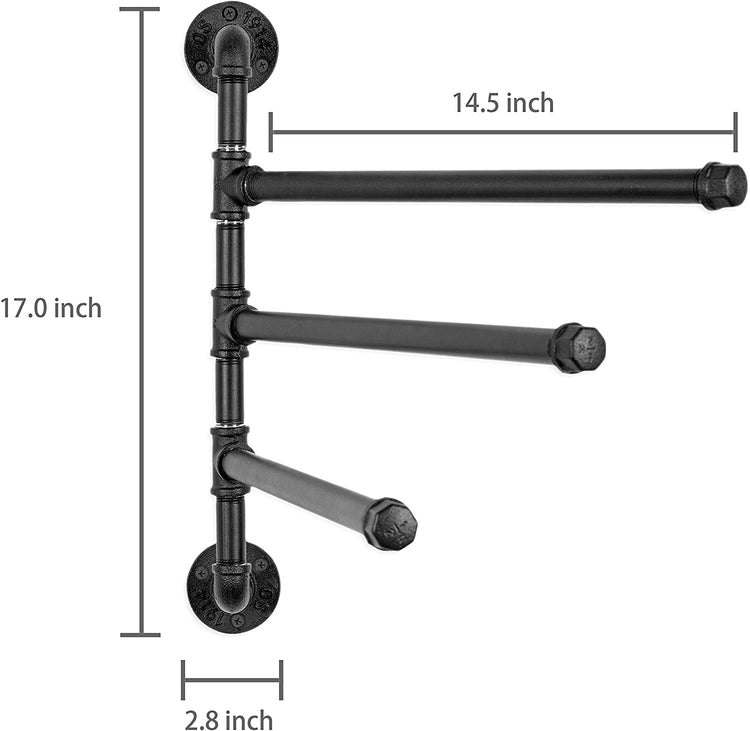 Black Wall-Mounted Industrial Pipe, 3-Arm Swivel Towel Bar Rack