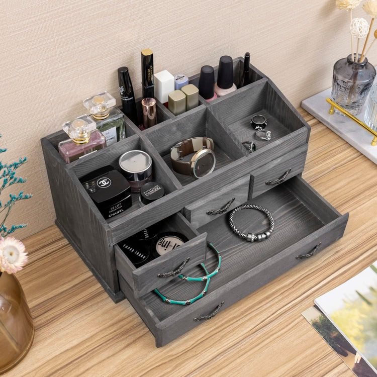 Gray Wood Vanity Organizer Rack with 4 Storage Drawers for Jewelry, Perfume, Cosmetics and Hair Accessories-MyGift