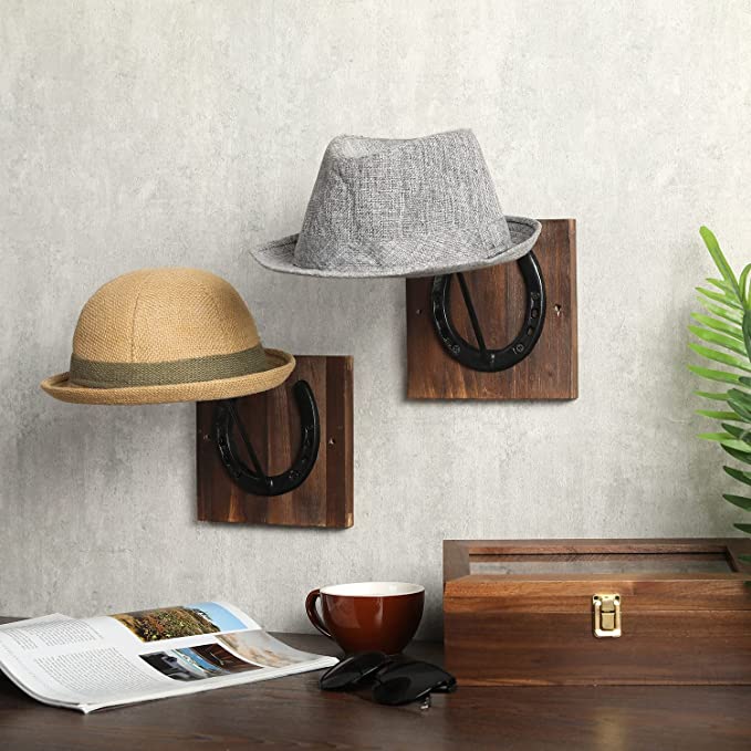 Vintage Burnt Wood Cast Iron Horseshoe Design Western Style Cowboy Hat, Hat Rack, Set of 2-MyGift