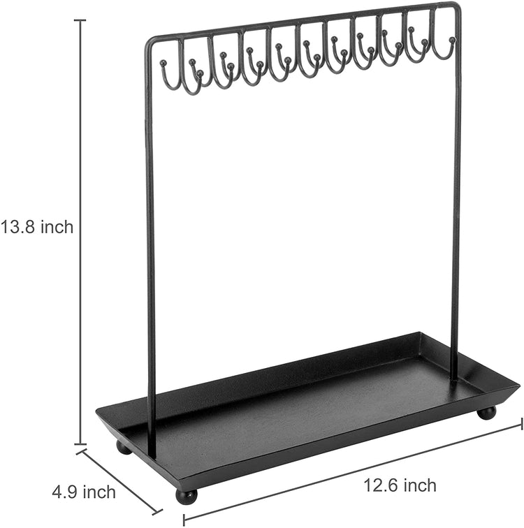 Tabletop Black Metal Jewelry Display Stand with 20 Necklace Hook and Ring & Bracelet Tray-MyGift