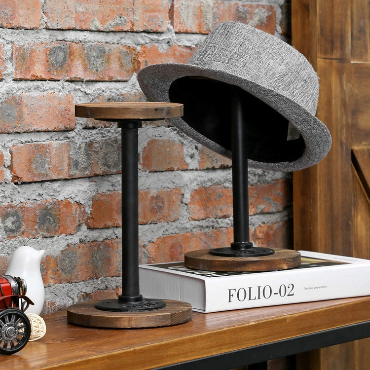 MyGift Rustic Burnt Wood Hat Holder Stand with Industrial Metal Pipe, Wig Rack or Jewelry Display Riser, Set of 2