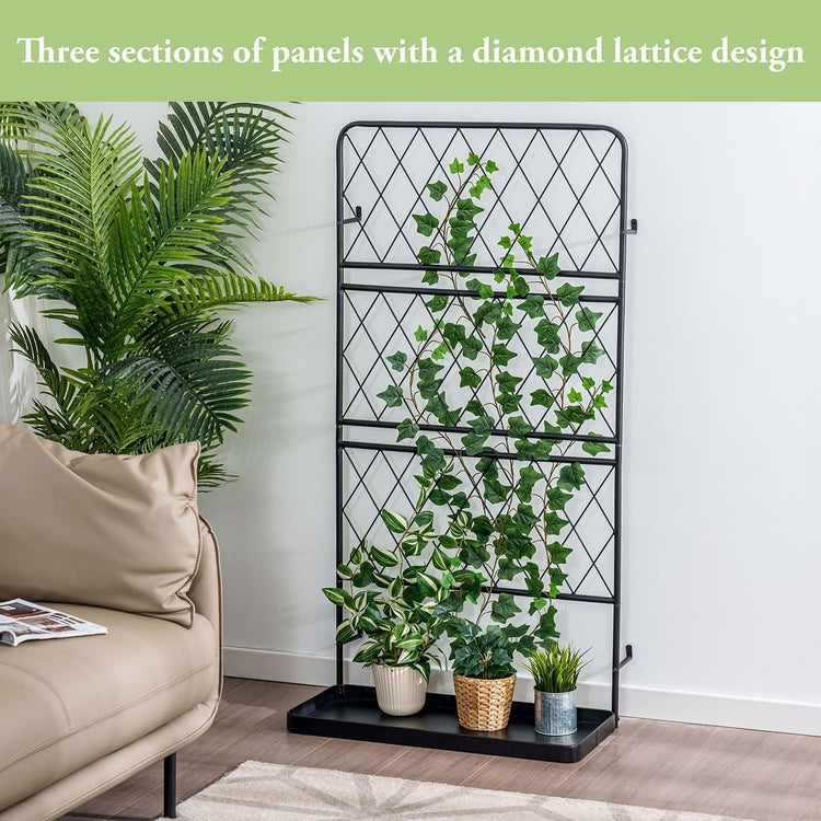 Freestanding Matte Black Metal Wire Diamond Lattice Support Frame Trellis with Climbing Vine Pot Holder Bottom Tray-MyGift