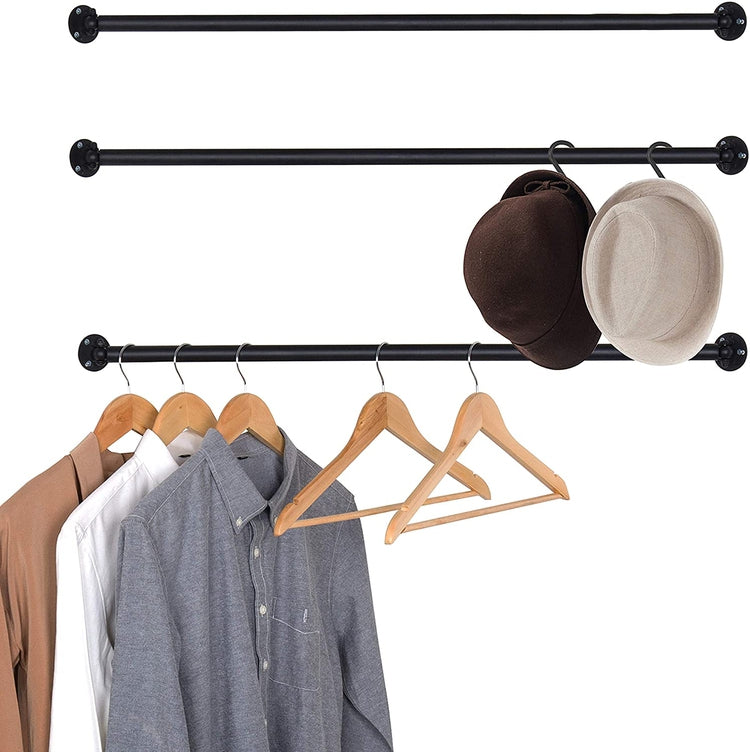 Set of 3, Matte Black Metal Wall-Mounted Corner Garment Rod, Clothing Hanging Bar-MyGift
