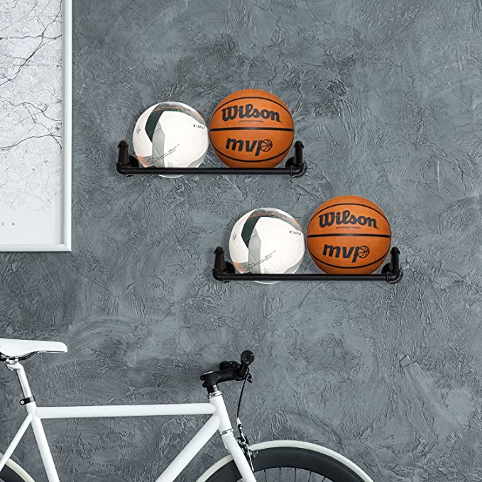 Black Exercise Ball Holder, Multi-Sports Equipment Wall Organizer Shelf. Set of 2-MyGift
