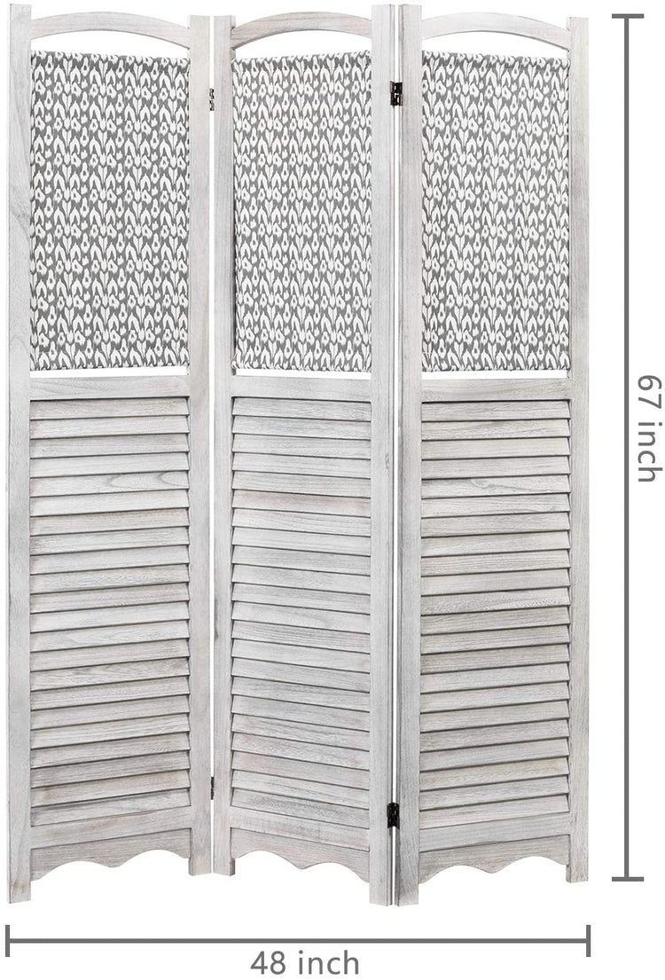 Rustic Gray on White Louvered Design Room Divider with Wood Frame & Decorative Fabric Screen w/ 3-Panels-MyGift
