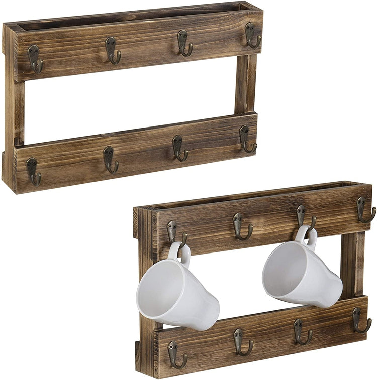 Set of 2 Wall-Mounted Burnt Wood 8 Hook Coffee Mug Hanging Racks, Mug Rack for Kitchen-MyGift