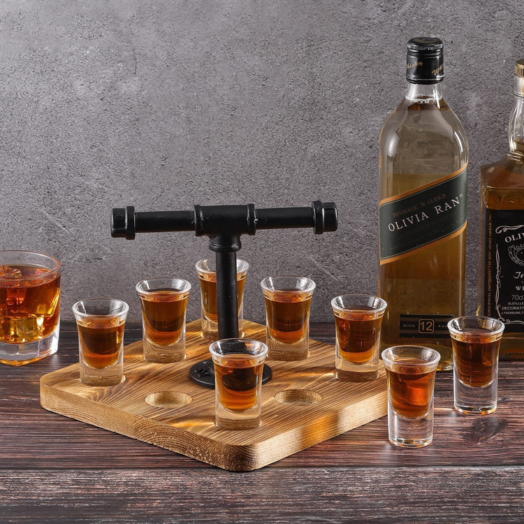 9-Piece Burnt Wood Shot Glass Serving Tray Set with Industrial Pipe Handle, Includes 8 Shot Glasses-MyGift