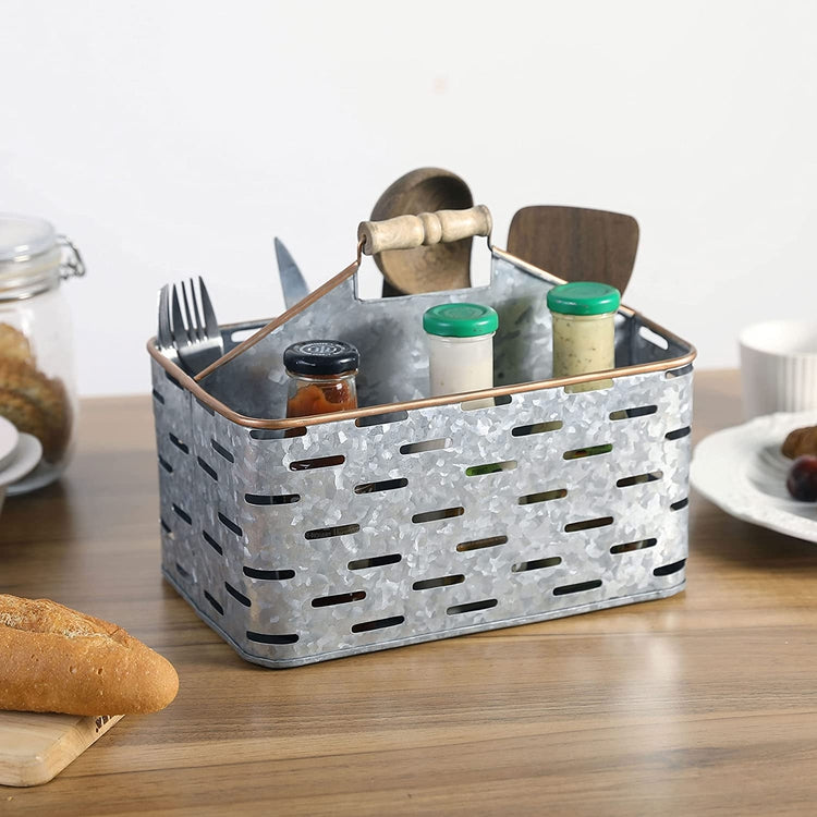 Galvanized Silver Metal Utensil Caddy with Copper Tone Edges & Wood Handle-MyGift