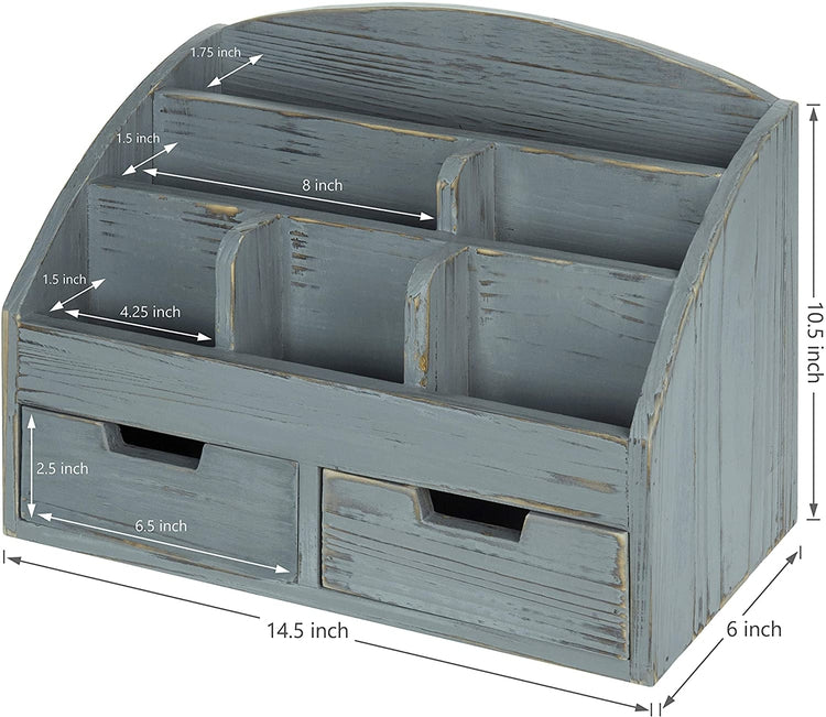 6-Compartment Dark Grey Distressed Wood Desk Organizer with 2 Drawers-MyGift