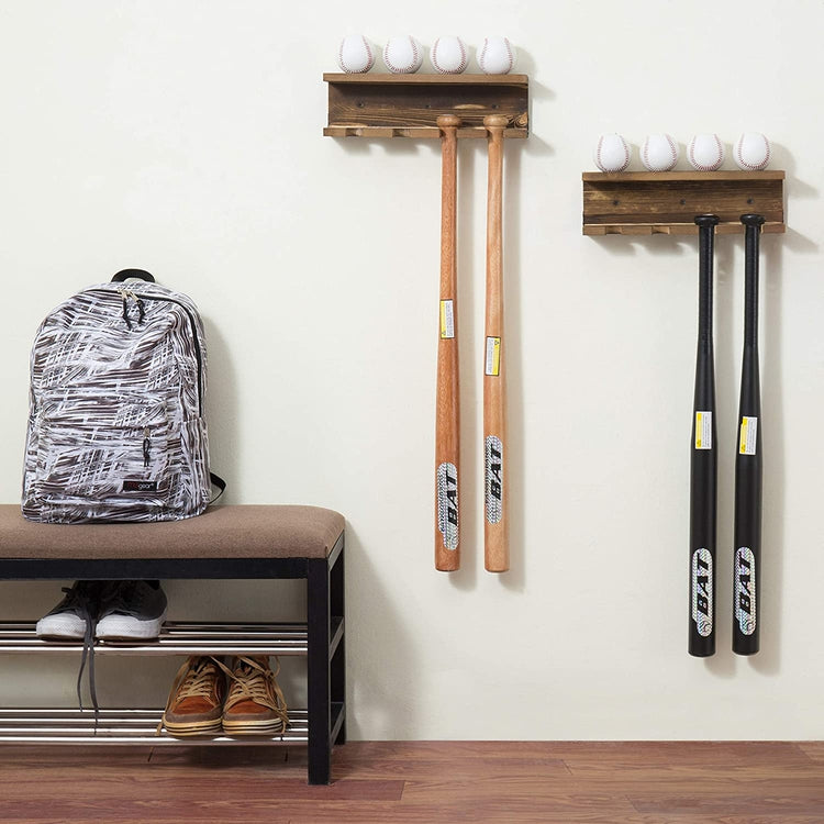 Wall-Mounted Burnt Wood Baseball Bat Rack and Baseball Storage Shelf ...