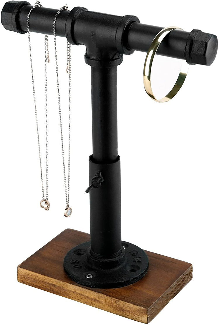 Industrial Black Metal Pipe T-Bar Jewelry Display Stand, Adjustable Height Rack with Brown Wood Base-MyGift