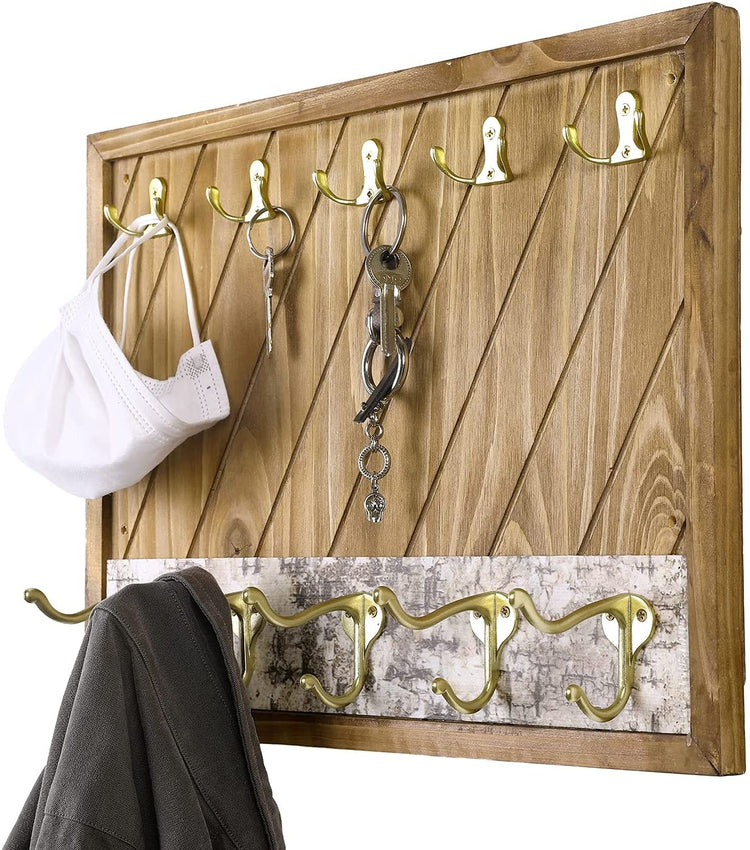 Burnt Wood and Brass Metal Entryway Wall Coat Rack and Key Hooks with Faux Birch Bark Accent-MyGift