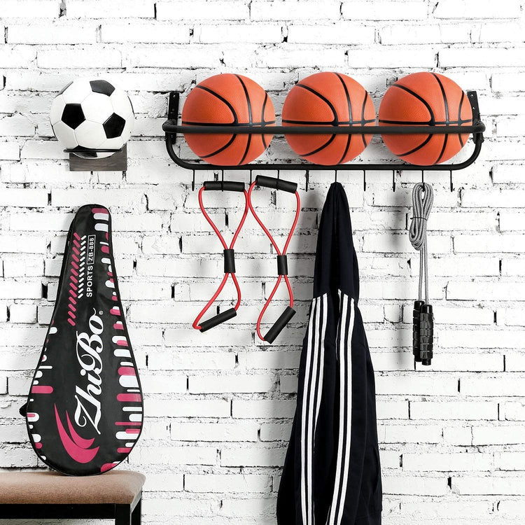 Black Metal Wall Mounted Sports Ball and Equipment Storage Organizer with 10 Hooks-MyGift