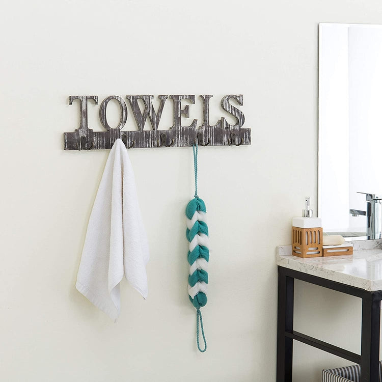 Torched Wood 5 Dual-Hook Towel Hanging Rack with Cutout Letters-MyGift