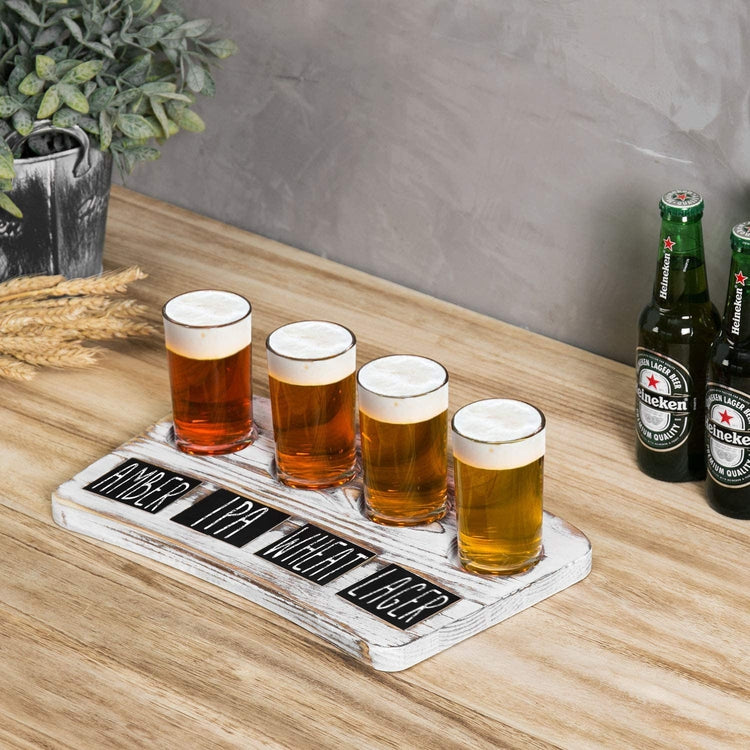 4-Glass Whitewashed Wood Beer Flight Sampler Serving Tray with Chalkboard Labels-MyGift