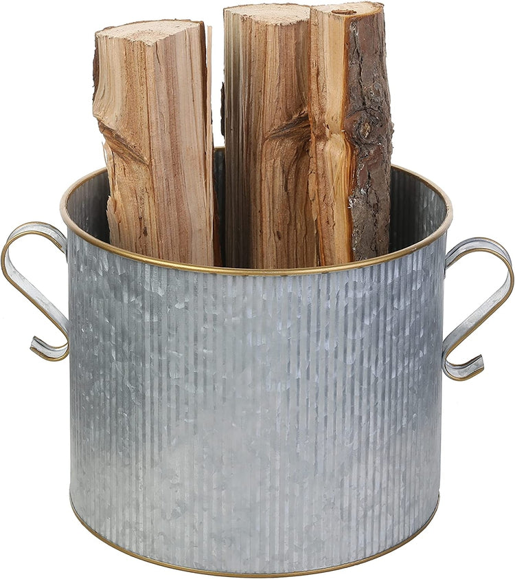 Retro Corrugated Galvanized Metal Kindling Firewood Holder Bucket, Wood Stove Camping Accessory, Firestarter Sticks Bin-MyGift