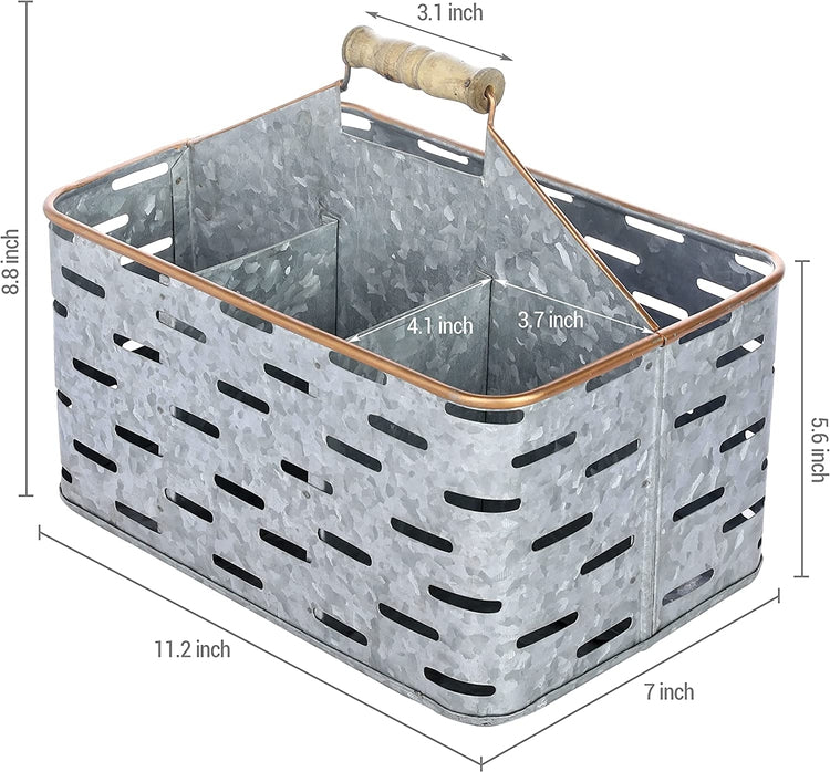 Galvanized Silver Metal Utensil Caddy with Copper Tone Edges & Wood Handle-MyGift