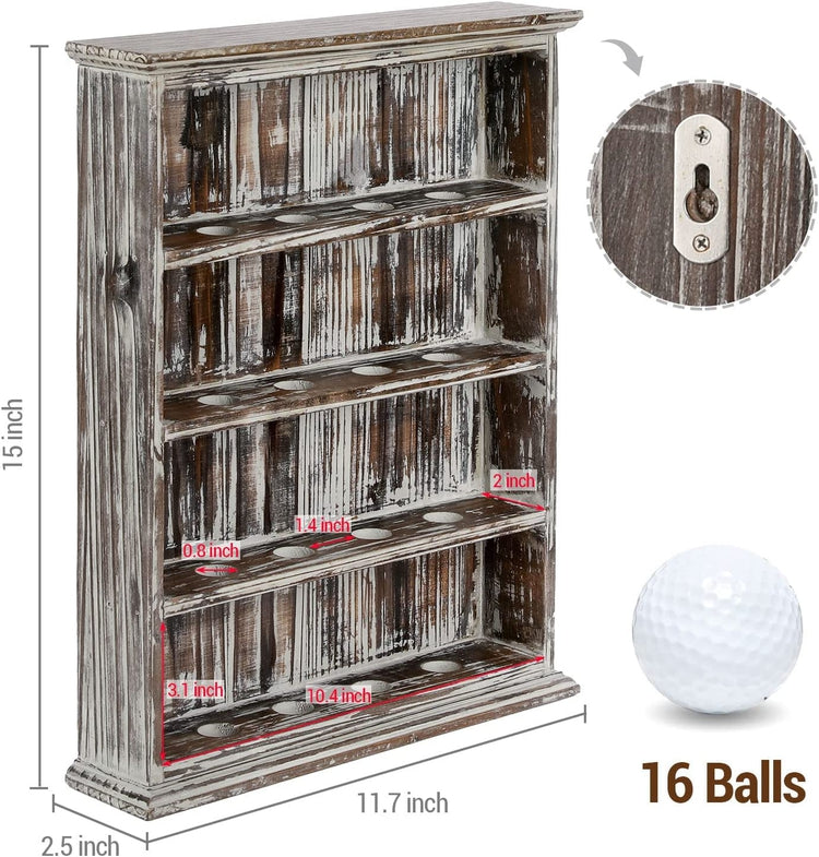 Wall Mounted Torched Wood Golf Ball Collector Display Shelf, 4-Tier Wooden Storage Organizer Rack with 16 Slot Holders-MyGift