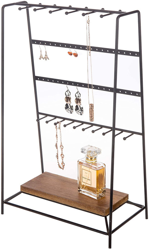 4 Tier Black Metal Jewelry Storage Stand with Wood Display Base, Necklace Organizer-MyGift