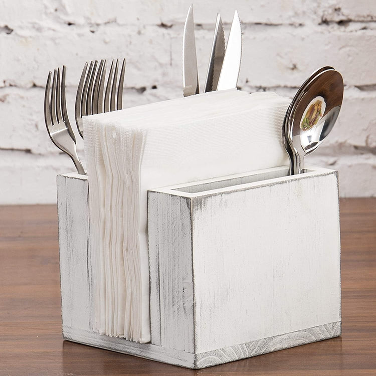 Vintage White Wood Flatware and Napkin Caddy-MyGift