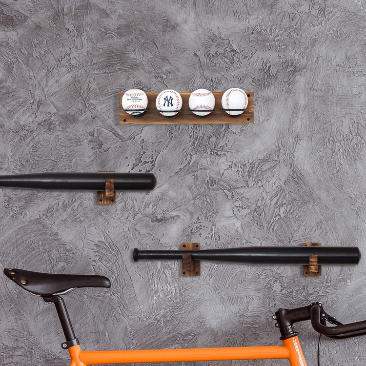 Baseball Holders for Ball Display Rack, Burnt Wood and Matte Black Metal Wire Wall Mounted Ball Storage-MyGift