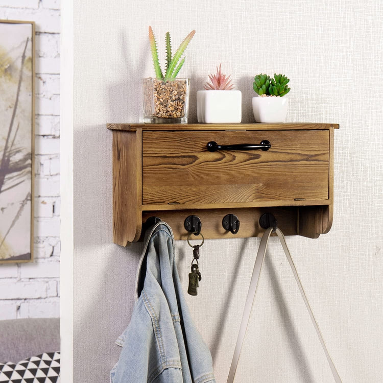 Burnt Wood Entryway Wall Organizer Rack with Cabinet and Black Metal Key Hooks, Wall Mounted Storage Cubby Shelf-MyGift