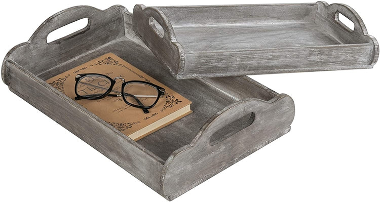 2 Pack of Distressed Country Wood Breakfast Serving Trays with Rustic Cutout Handles-MyGift