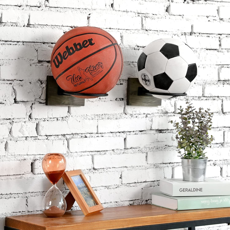 Set of 2, Gray Wood and Black Metal Wall Mounted Sports Ball Holder, Gym Storage Display Rack-MyGift