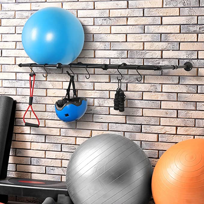 Wall Mounted Industrial Matte Black Metal Exercise Yoga Ball Storage Rack with 6 S-Hooks-MyGift