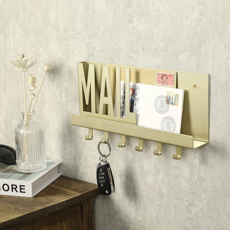 Wall Mounted Brass Tone Metal MAIL Cutout Entryway Mail Sorter Shelf,  Hanging Letter Holder with 6 Key Hooks
