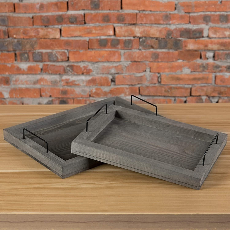 Set of 2, Grey Wood Nesting Serving Trays with Black Metal Handles-MyGift