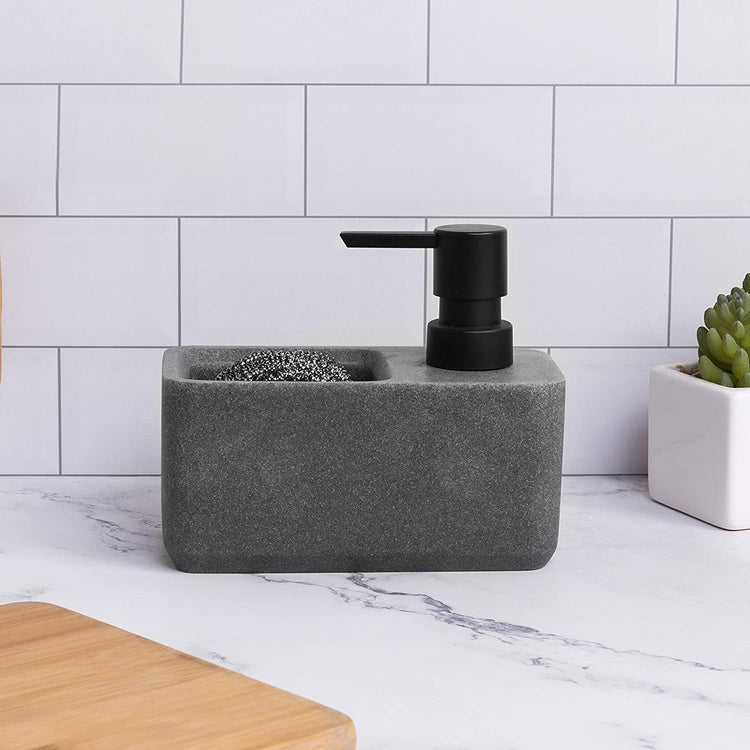 Dark Gray Faux Marble Resin Dish Soap Dispenser with Sponge Holder-MyGift