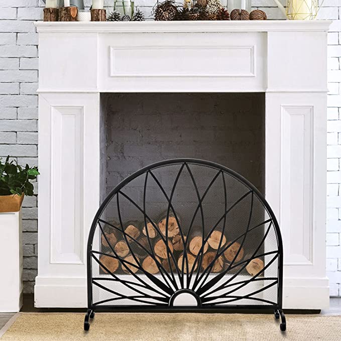 Fireplace Screen with Art Deco Starburst Design, Black Metal Freestanding Fireplace Grate-MyGift