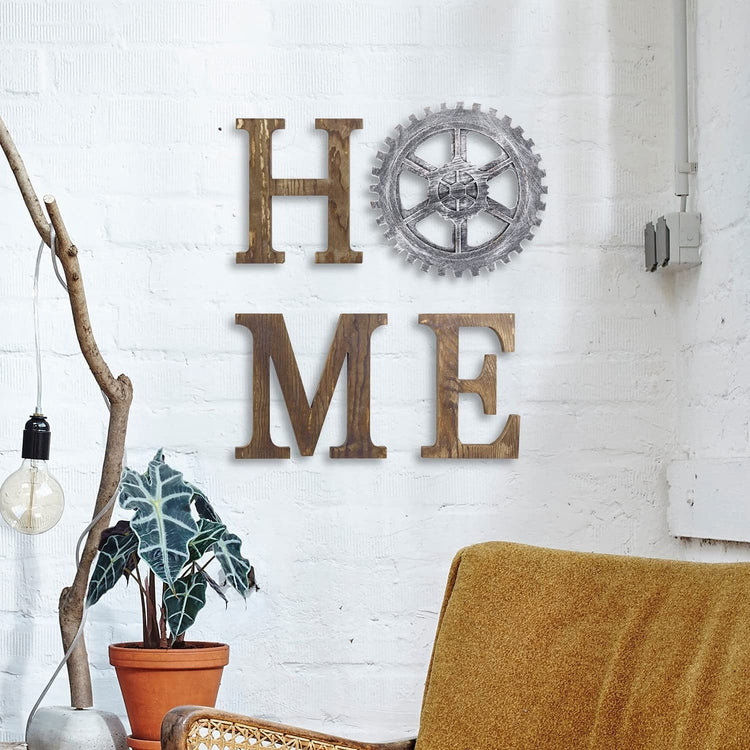 Rustic Burnt Wood Wall Mounted HOME Letter Sign with Industrial Gear Decoration-MyGift