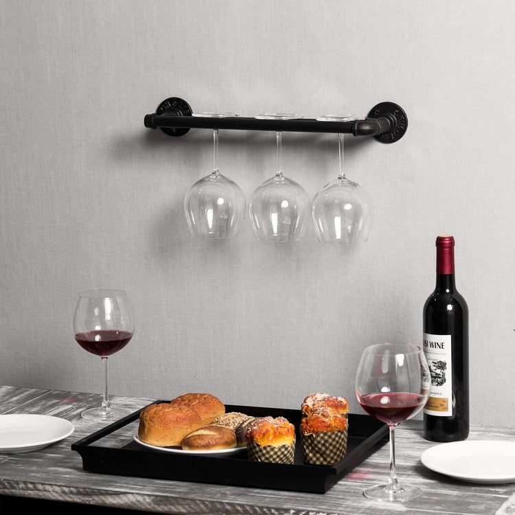 Black Industrial Pipe Style Wine Glass Storage Rack, Wall Mounted-MyGift