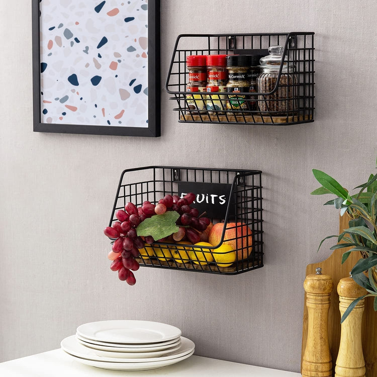 Set of 2, Black Metal Wire and Burnt Brown Wood Wall Mounted Kitchen Storage Organizer Baskets with Chalkboard Labels-MyGift
