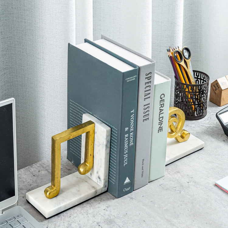 Tabletop Bookends, White Marble L-Shaped Desktop Book Holders with Brass Tone Aluminum Sculpted Musical Notes-MyGift
