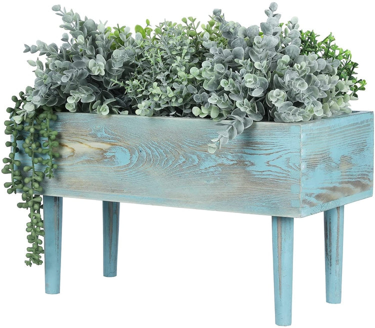 Blue Wood Elevated Raised Planter Box with Legs and Plastic Liner, Freestanding Indoor Plant Stand-MyGift