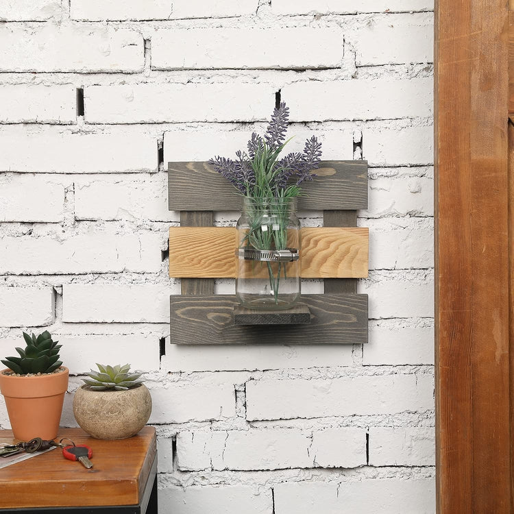 Wall Mounted Mason Jar Decorative Vase with Mixed Color Two Toned Gray and Light Burnt Wood Backboard Shelf-MyGift