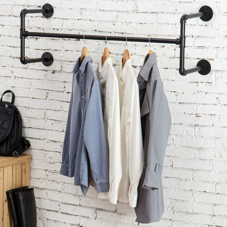 Wall Mounted Black Metal Industrial Pipe Design Hanging Clothes Rack Display-MyGift