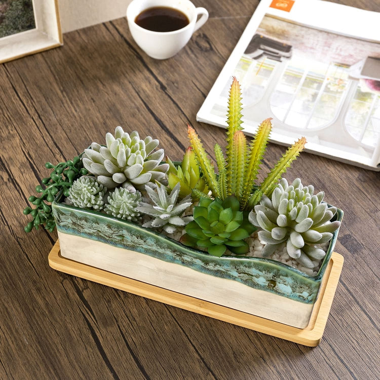 Artificial Assorted Succulent Arrangement in Rectangular Glazed Ceramic Window Box Planter with Removable Bamboo Tray-MyGift